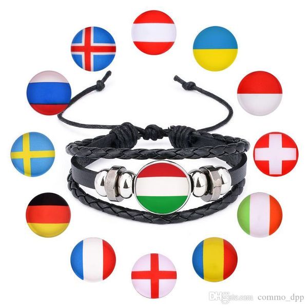

world cup sports national flag bracelets leather rope braided wristband 18mm ginger snaps button charm bangle for women&men fashion jewelry, Golden;silver