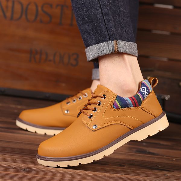 

2019 fashion casual men shoes men comfortable pu leather flats shoes lace-up warm yellow sneakers, Black