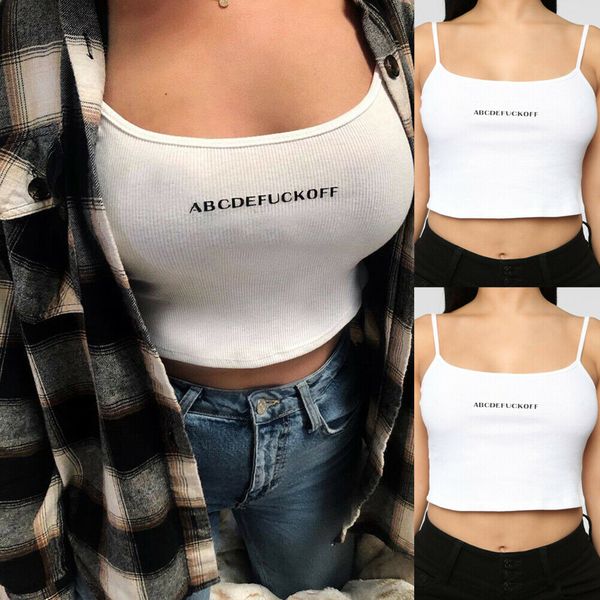 

2019 brand new summer women ladies sleeveless camisole letter print strappy crop vest flared party, White