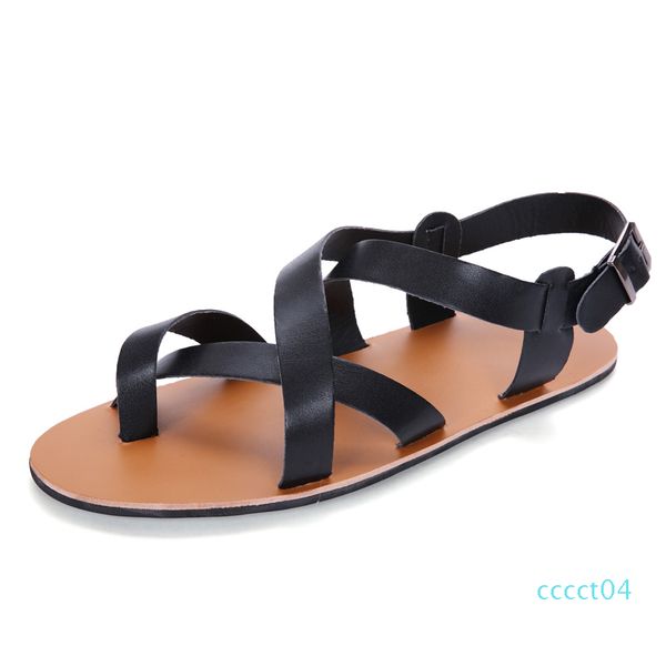 

2020 summer men sandals leather vintage flat heel solid buckle beach gladiator sandals shoes breathable men flip flops ct04, Black