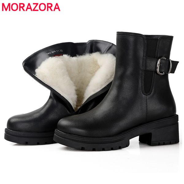 

morazora 2020 new genuine leather ankle boots women keep warm natural wool fur winter snow boots comfortable platform shoes, Black