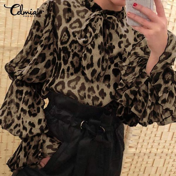 

perspective celmia leopard print bow tie long flare sleeve blouse women vintage fashion casual plus size blusas s-5xl, White