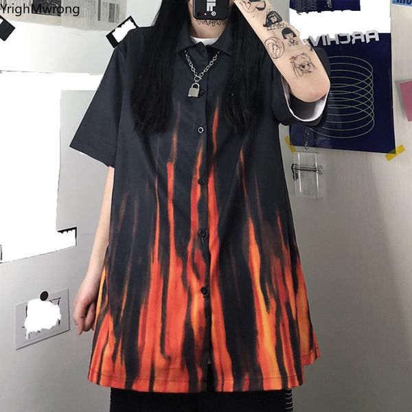 

hip hop contrast graffiti stripe tie dye print blouse streetwear woman man shirt harajuku punk korean button outfit oversize, White