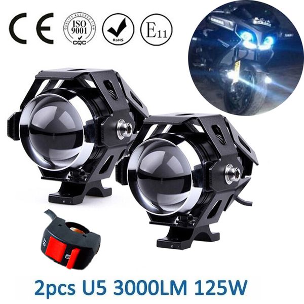 

2pcs motorcycle led headlight 125w 3000lm u5 waterproof driving spot head lamp fog light switch motorcycle accessories bulbs