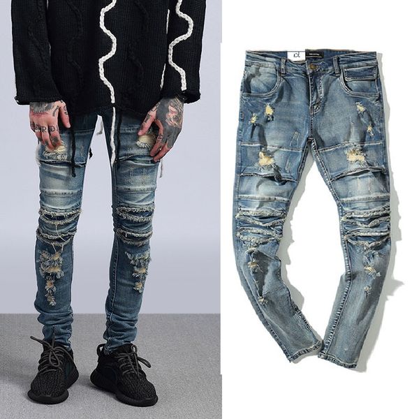 

2020fashion men holes jeans european high street motorcycle biker jeans men hip hop ripped slim pencil pants dropshipping, Blue