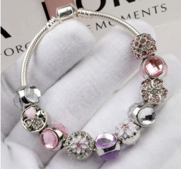 Moda 925 Sterling Silver Rosa Roxo Espumante Drops Flor Pulseira de Cristal Charme Europeu Beads Serve Para Pandora Charme Pulseiras Bangle