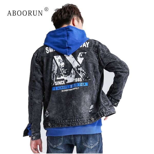 

aboorun 3d printed denim jackets men's vintage ripped denim jackets brand cotton coat for male, Black;brown