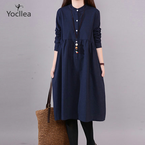 

2019 autumn dress large size women's clothes loose slim mid long long sleeve casual dresses fashion solid cotton shirt dress, Black;gray