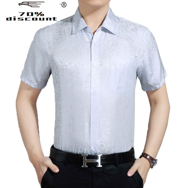 

ayusnue summer 200%silk shirt men white short sleeve shirt men dress shirts korean social camisa hombre 2984 kj2940, White;black