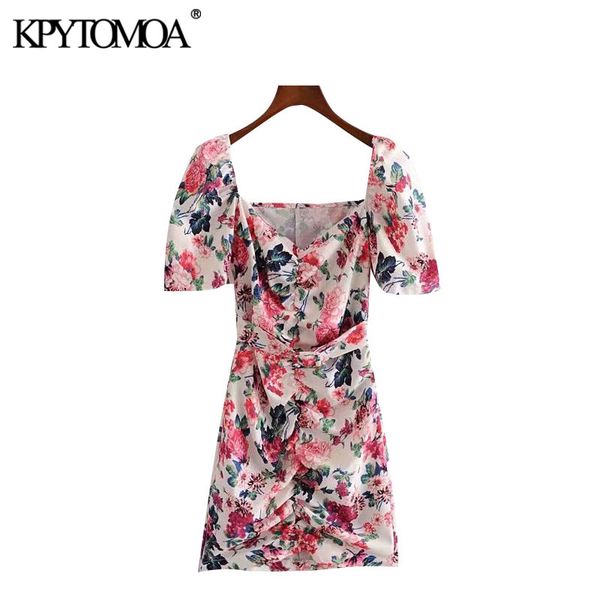 

kpytomoa women 2020 chic fashion floral print with belt mini dress vintage v neck short sleeve female dresses vestidos mujer, Black;gray