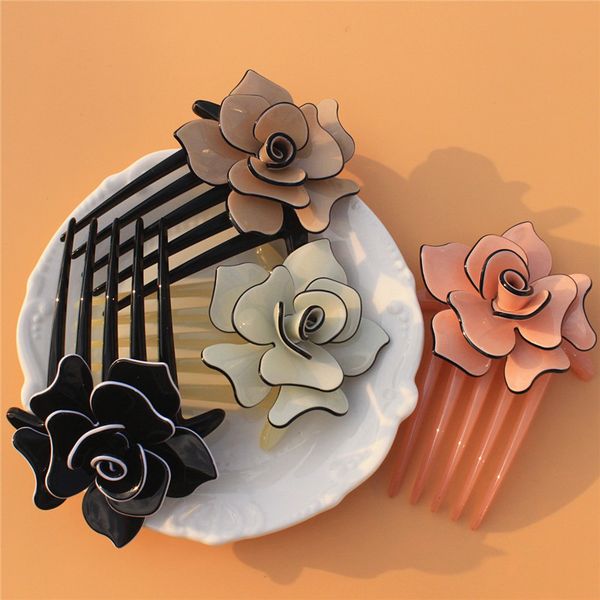 

buena flower hair comb 4 colors acrylic clips hair jewelry black brown pink beige accessories ac012, Golden;white