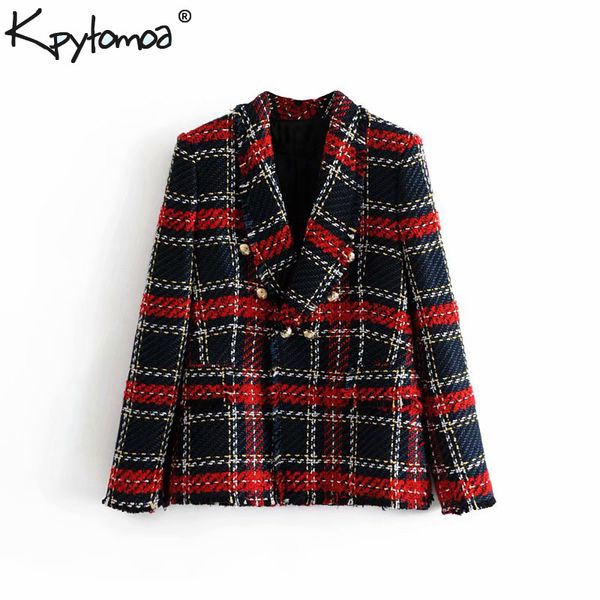 

vintage double breasted frayed checked tweed blazers coat women 2019 fashion pockets plaid ladies outerwear casual casaco femme c18122401, White;black