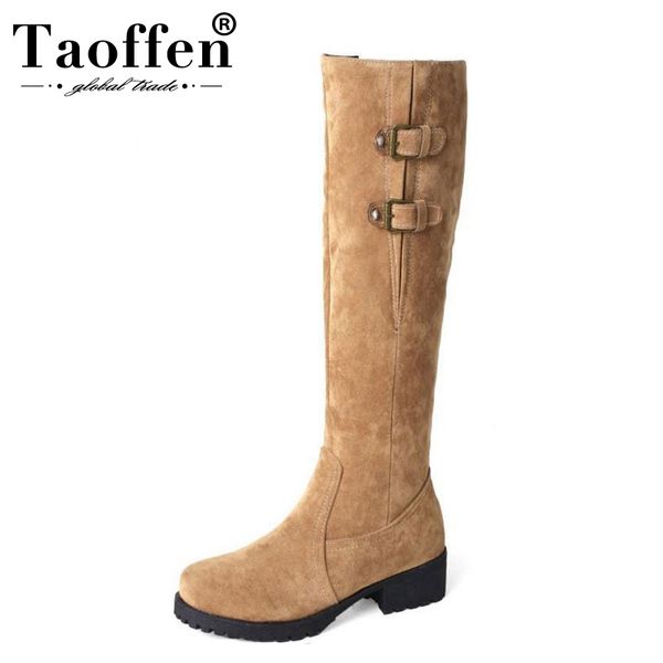 

taoffen size big 33-44 shoes women knee snow boots metal buckle high heel boots thick fur shoes winter long women footwear, Black
