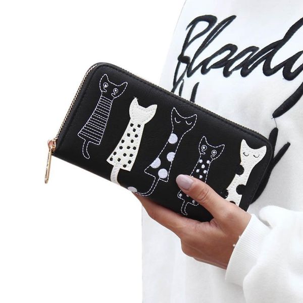 

women zipper cat wallet long card holder purse organizer women leather handbags carteras hombre billeteras monedero f725, Red;black