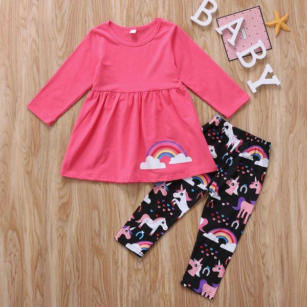 

cute kids girls unicorn t shirt dress + long pants trousers children clothes outfit set, White
