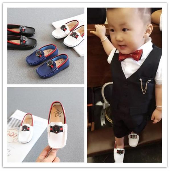 

Children Peas New Boy Small PU British Wind leather Child loafers Soft bottom White toddler Casual shoes black white BLUE