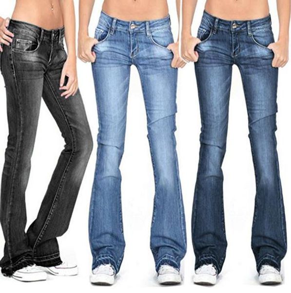 

womens designer jeans casual bleached flare long pants womens fashion plus size solid color jeans females clothing, Blue