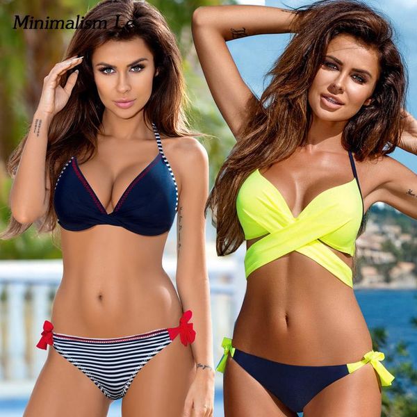 

minimalism le push up bikini 2019 cross patchwork women swimwear swimsuit halter print maillot biquini bathing suits