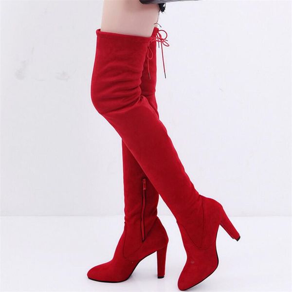

laidilangtu new pointed thick high heel women's boots side zipper thin leg straps over the knee boots stretch large 34-43, Black