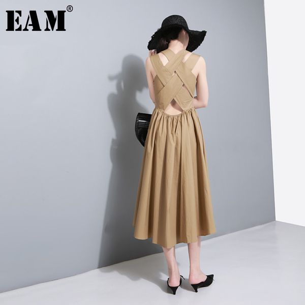 

eam] 2019 new spring summer round neck sleeveless white loose back cross bandage loose temperament dress women fashion ju175, Black;gray