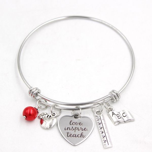 

wholesale stainless steel bracelet adjustable wire bangle book ruler teacher charm bracelet bangle women jewelry teachers gift, Golden;silver