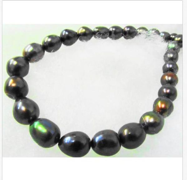 

18"10-12mm tahitian genuine black blue peacock green redish pearl necklace 14k, Silver