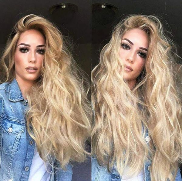 Free Parting Dark Roots Long Wavy Blonde Wig Women Gold Brazilian