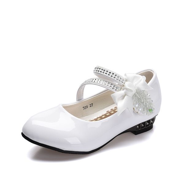 

Flower Leather White Shoes Little Girl Princess Dress Shoes High Heels Children Big Wedding Rhinestone Bow Party Shoes3 -14 Year