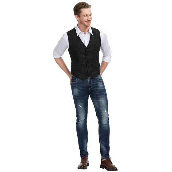 

tweed vest men slim fit v neck wedding prom waistcoat suit herringbone tuxedo single breasted sleeveless coat, Black;white