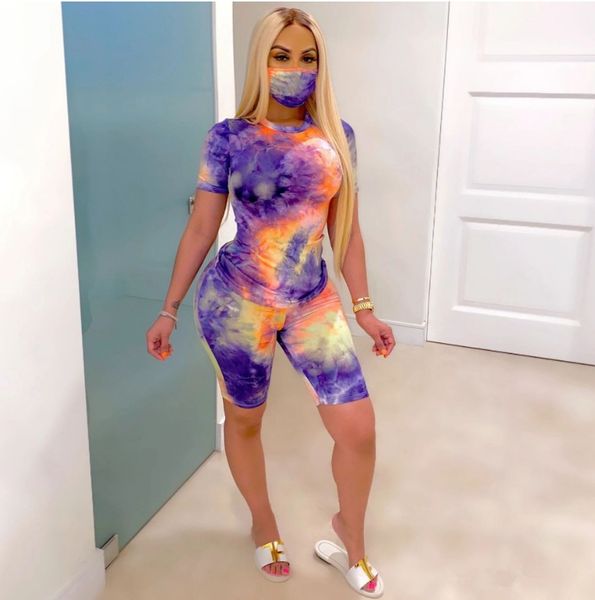 

tie dye печати 3 piece set выдалбливают отверстие шорты рукавом футболка топ шорты летний костюм фитнес эпикировка, Gray