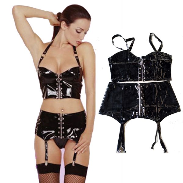 

faux leather black zipper wetlook leather 2 pieces set two pieces apparel women dance club wear mini dress + crop top, Red;black
