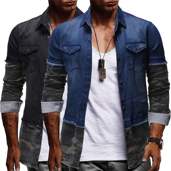 

men's casual shirts denim for man camouflage patchwork button down shirt blouse outdoor clothing, White;black