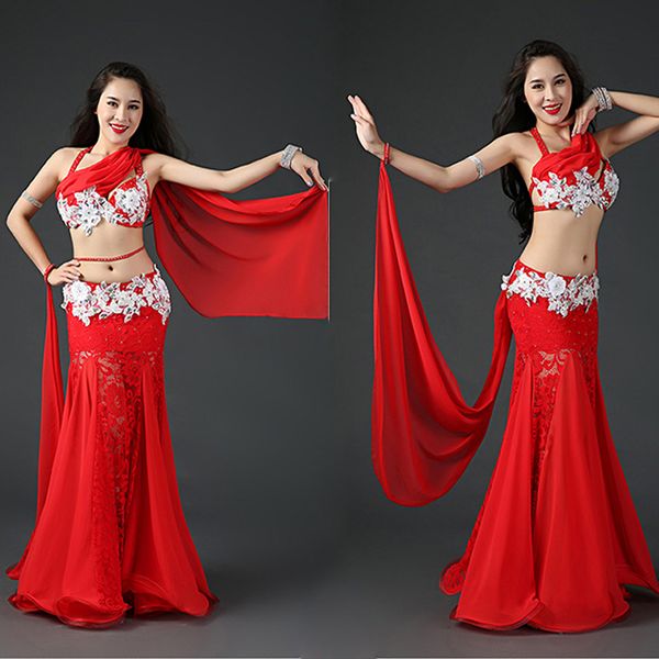 

performance belly dance set 3pcs bra+stones belt+skirt for women stage suit team fishtail skirt white,red green ing, Black;red