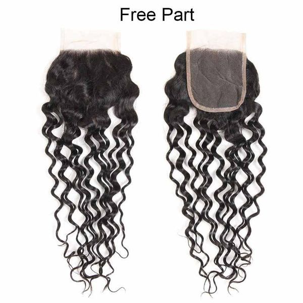 

закрытие волны воды бразильский малайзии девы волос свободные глубокая волна 4x4 кружева закрытие человеческих волос натуральный черный сред, Black