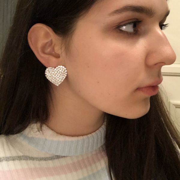 

elegant shiny crystal heart charm stud earrings for woman full shiny rhinestone statement brincos woman party ear jewelry, Golden;silver
