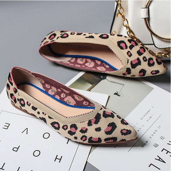 

leopard fly weave pointy toe flats single shoes shallow casual boat shoes soft soled slip on plus size 40 pregnant women loafers, Black