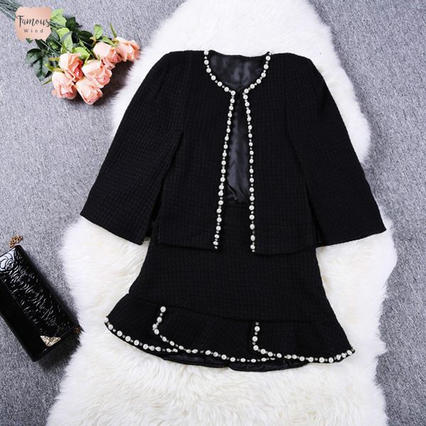

winter spring runway cardigan cape short beaded jacket femme coat style ruffles skirt 2 pcs women black beading skirt set, White