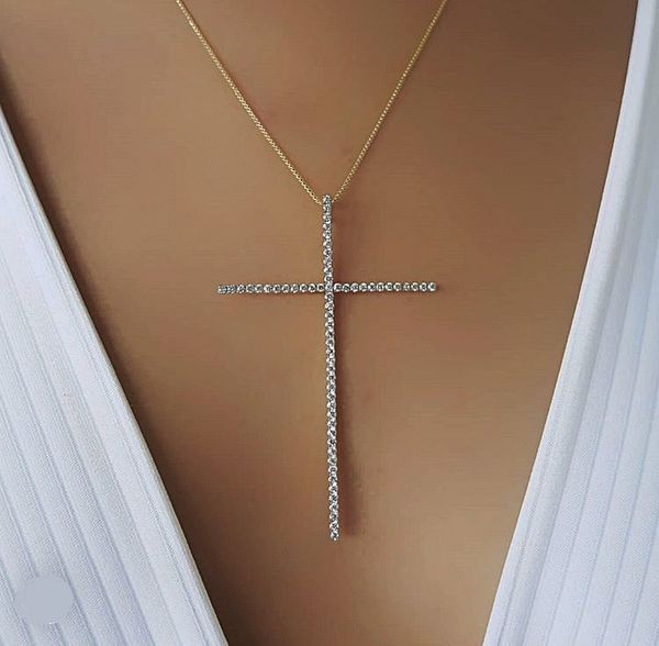 

classic large size cross pendant necklace for women charm jewelry cubic zircon stone crucifix christian ornaments accessories, Silver