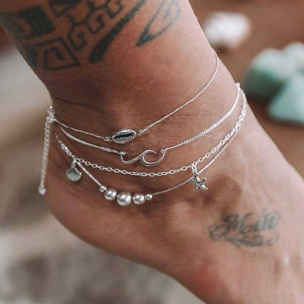 

summer day anklet a string of beads shell sea wave anklet personality starfish pendeloque cut sandy beach 4 paper set anklet, Red;blue