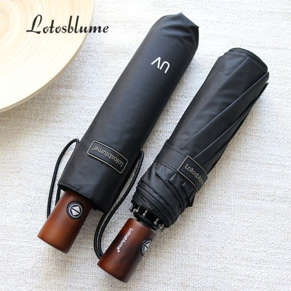 

10 ribs fully automatic black coating pongee men's umbrella folding retro wooden windproof umbrellas rain gear ing