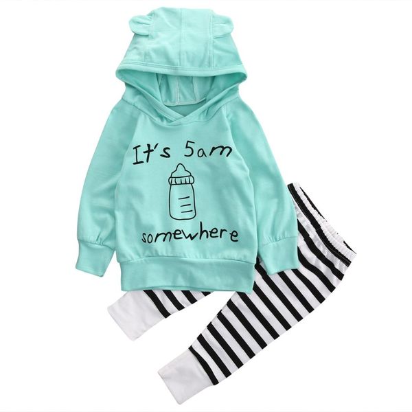 

2016 kids autumn style infant clothes baby clothing sets long sleeve cotton hooded jacket +striped pants outfit 2pcs set, White