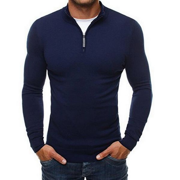 

2019 autumn winter men sweater men turtleneck solid color casual pullover men's slim fit brand knitted sweaters blue navy black, White;black