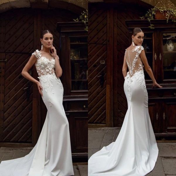 

mermaid wedding dresses jewel neck satin applique pearls wedding dress sweep train vestidos de novia, White