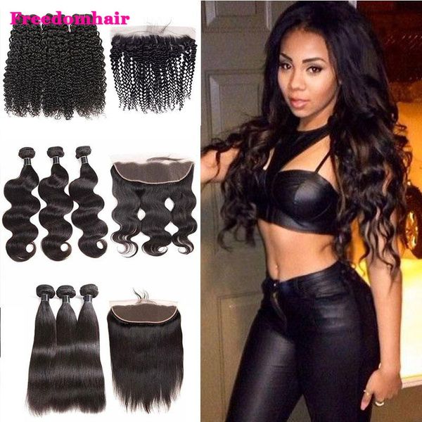 

бразильский kinky завитой волна воды волосы пучки с фронтальными 3 связкой с закрытием перуанской прямо объемная волна волосы с фронтальными, Black;brown