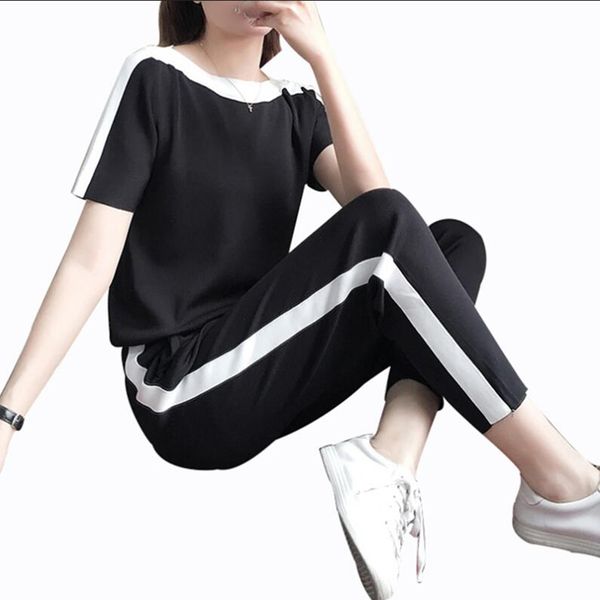 

rlyaeiz 2019 summer fashion 2 piece set women sweat suit knitting pullover + ankle-length pants sporting wear female tracksuit, White