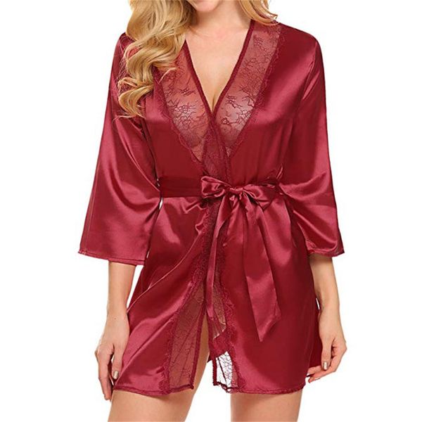 

women night gown silk kimono dressing gown babydoll lace lingerie bath robe nightwear bathrobe nightgown robe coat #w, Black;red