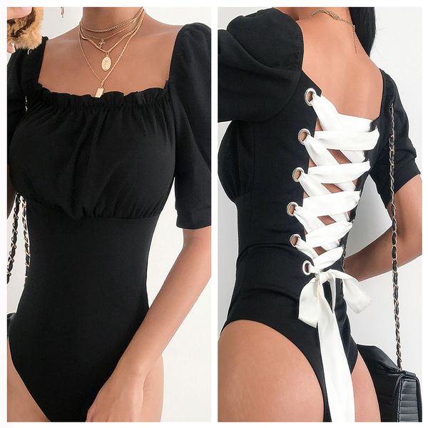 

jumpsuits for women panelled lace up square collar lolita style bodysuits women 2019 short flare sleeve open crotch bodysuit, Black;white