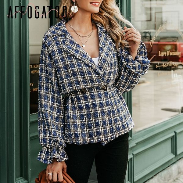 

casual loose women plaid tweed jacket coats lantern sleeve streetwear coats elastic high waist ladies outwear jackets, Black;brown