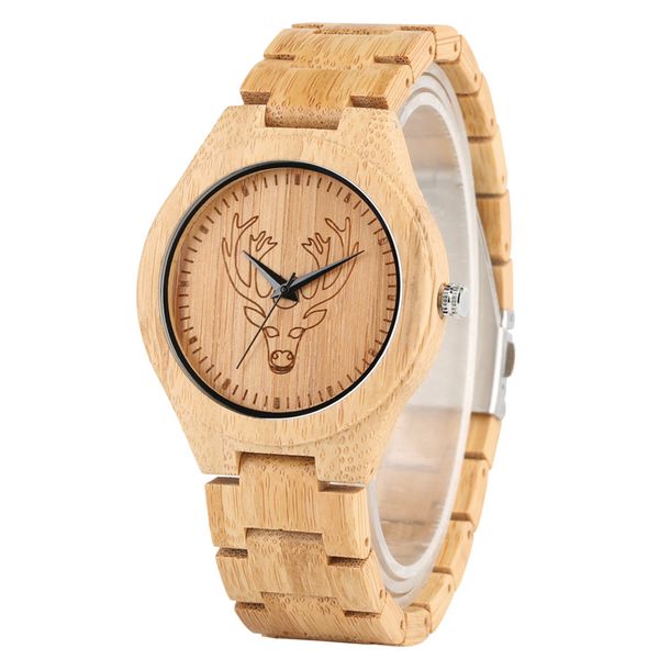 

new 2019 engraved wood men's watch elk head display simple wooden bangle quartz timepiece mens wristwatch reloj de madera, Slivery;brown