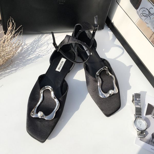 

women's genuine leather metal buckle ankle strap flats sandals square toe female comfortable casual summer footwear shoes women, Black